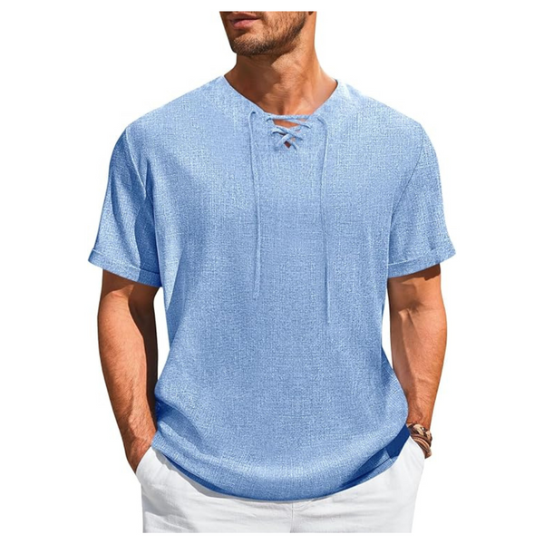 Runcati Men's Lace Up Henley Linen V Neck Summer Shirt