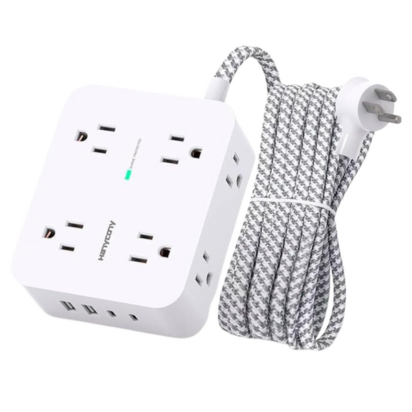 8-Outlet Surge Protector W/ 4 USB Ports, 5' Braided Cord & Flat Plug