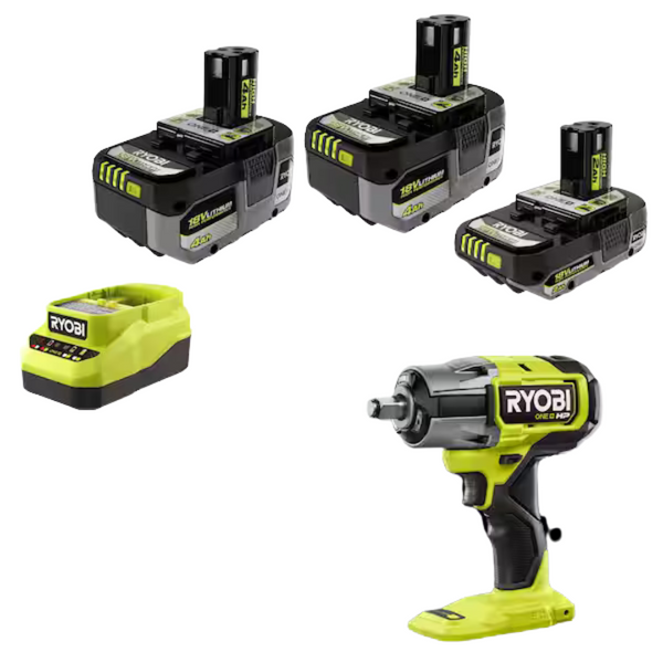 RYOBI ONE+ 18V Lithium-Ion 4.0 Ah Battery, 2.0 Ah Battery, and Charger Kit & FREE ONE+ HP 18V Brushless 1/2 in. Impact Wrench