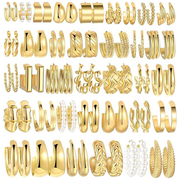 36-Pairs Chunky Gold Hoop Earring Set