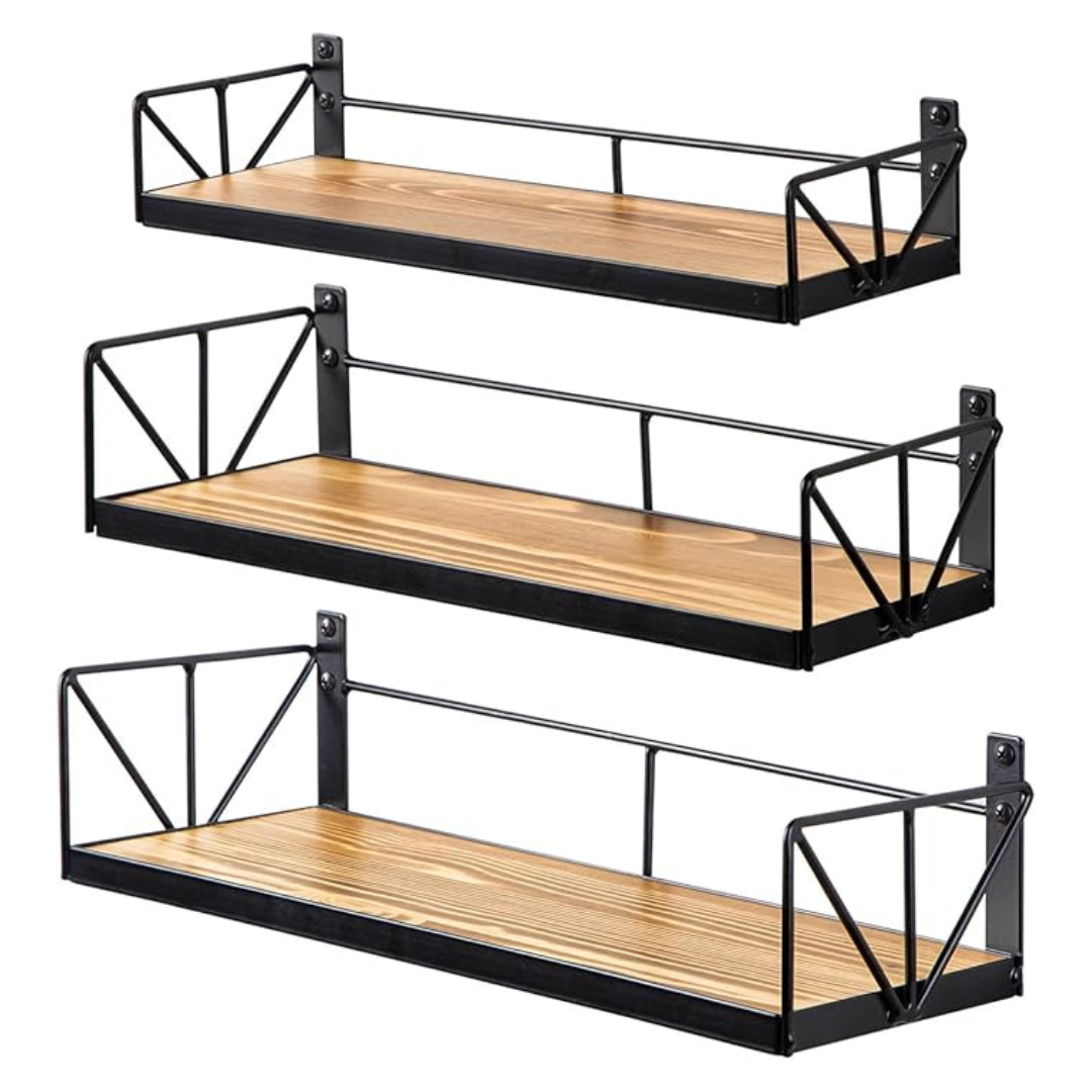 Set of 3 Wall Mounted Floating Rustic Wood Wall Shelves