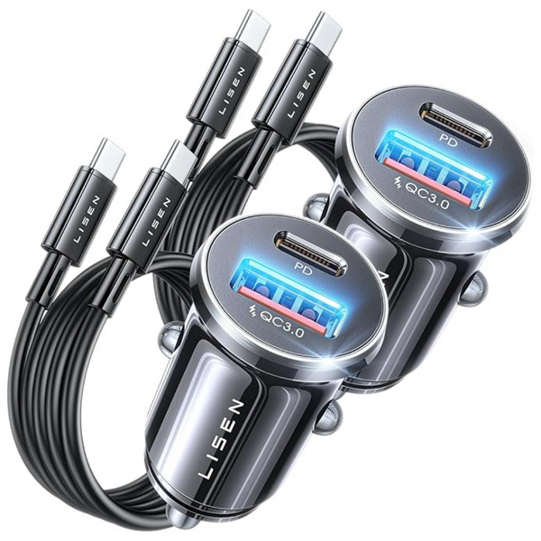 2-Pack Lisen 54W 2-Port USB-C Fast Charging Car Charger Adapter W/ Cable