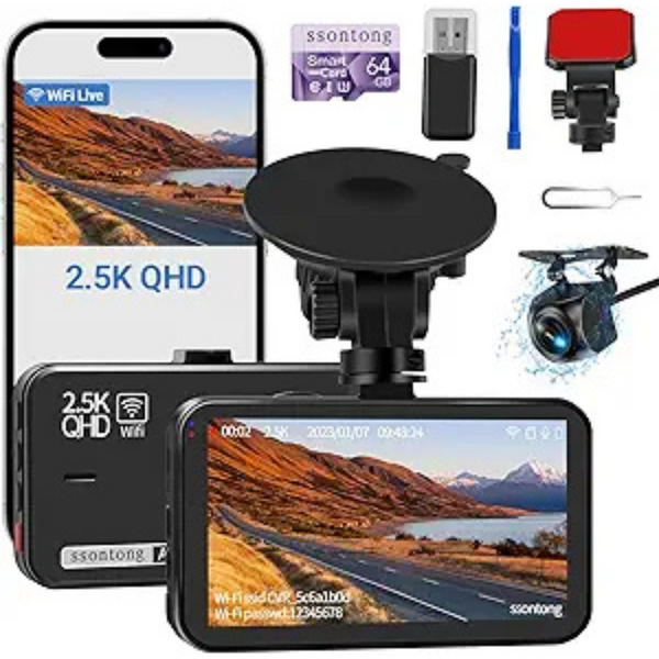 2.5K Front and 1080P Rear Dashcam With 64GB Card