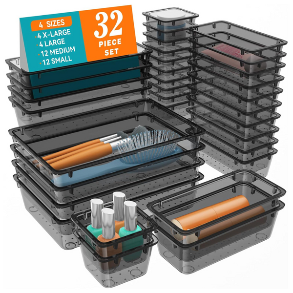 32-Pieces Clear Plastic Drawer Organizer Set