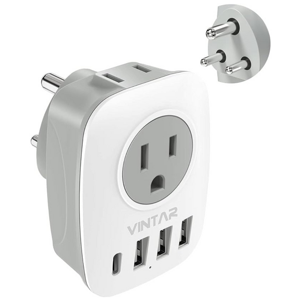 6-In-1 VINTAR Type-D Adapter With 1 USB-C, 3-Ports And 2-Outlets