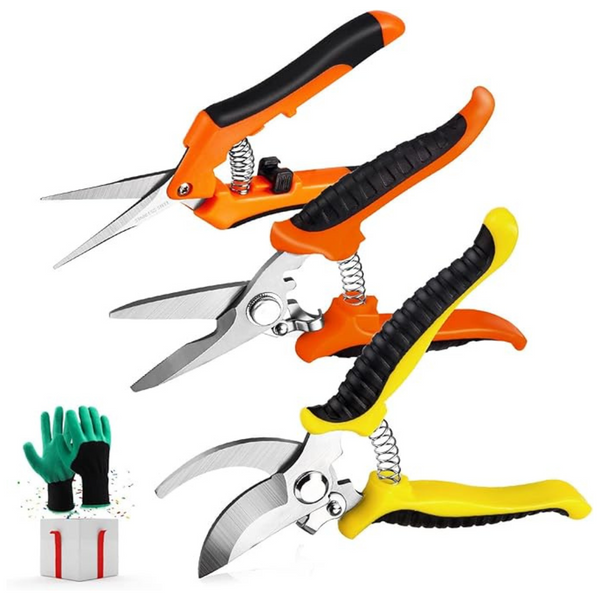 3-Pack Stainless Steel Blades Handheld Garden Pruners Set W/ Gloves
