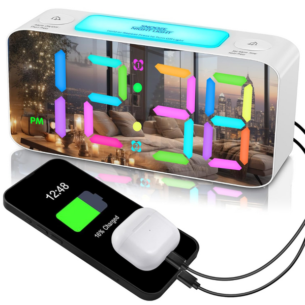 7" RGB Digital Mirror Alarm Clock w/ 15-Color Mode