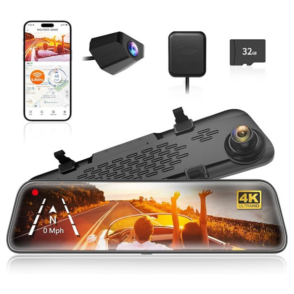 Wolfbox G840S 12" 2160P Full HD Smart 4K Mirror Dash Cam Backup Camera