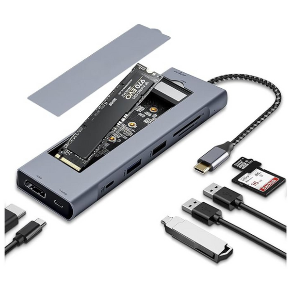 8 In 1 USB-C Hub Adapter With M.2 NVMe/SATA SSD Enclosure