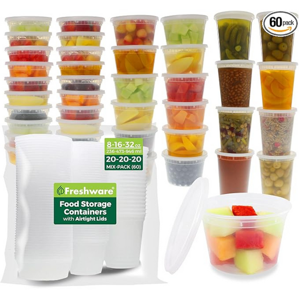 60-Pack Freshware Food Storage Containers with Lids (20 sets of 8/16/32 oz)