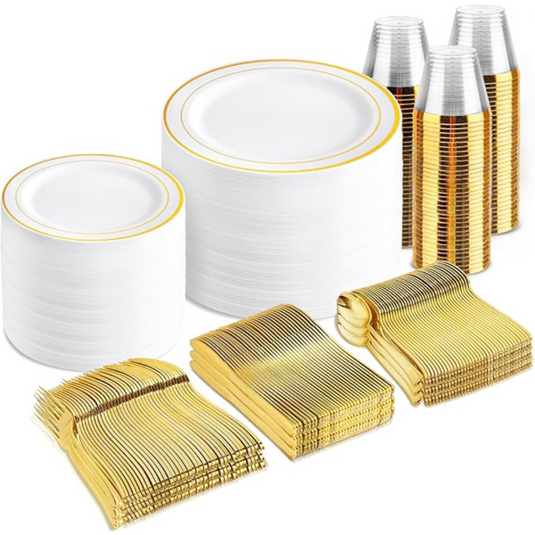 600-Piece Gold Disposable Plastic Dinnerware Set For 100 Guests