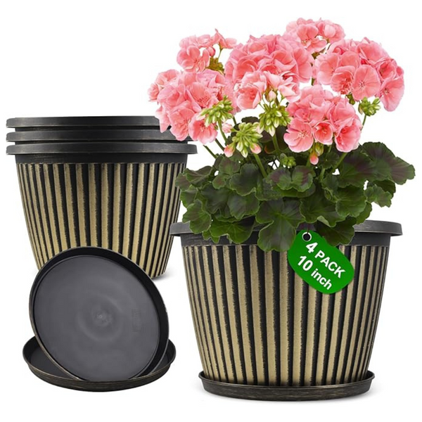 4-Pack 10 Inch Plastic Flower Pots with Saucer & Drainage Holes