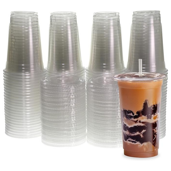 100-Count 20 oz Freshware Clear Plastic Cups with Flat Lids and Straws