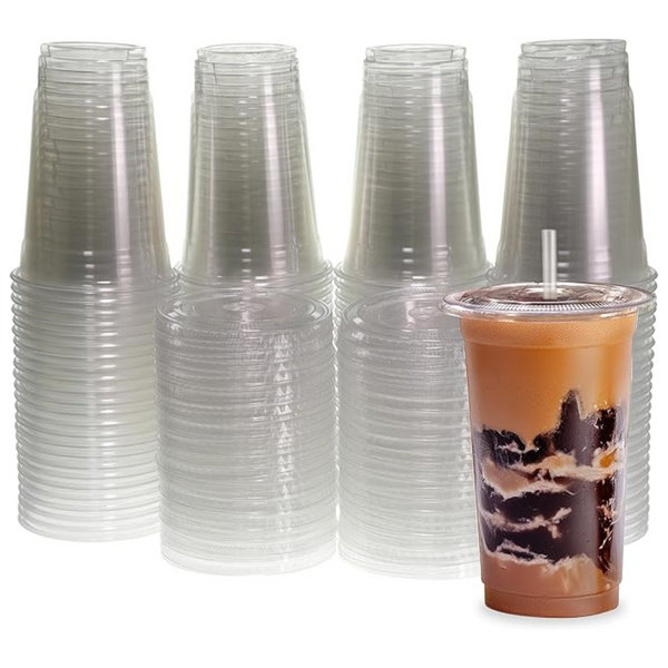 Freshware Clear Plastic Cups With Flat Lids And Straws [100 Cups – 20 Oz]