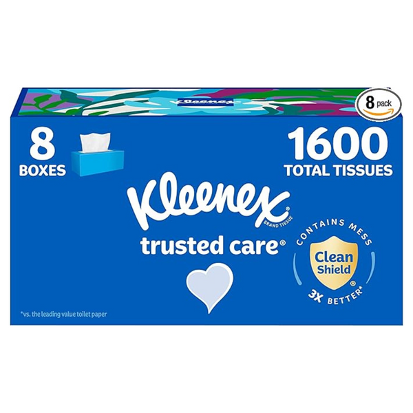Kleenex Trusted Care Facial Tissues (8 Flat Boxes, 200 Tissues Per Box, 1,600 Total Tissues)