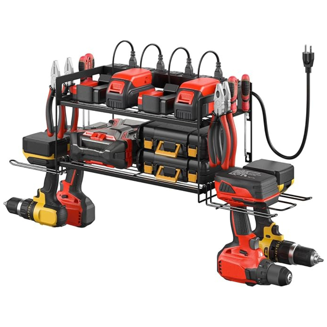 Power Tool Organizer With Charging Station And 4 Drill Holders
