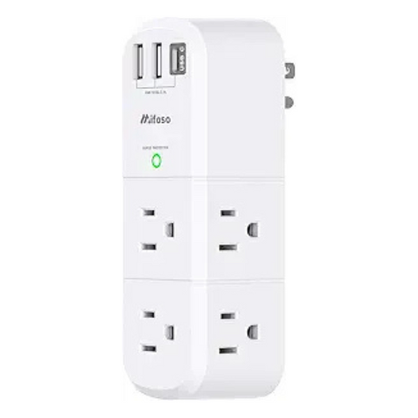 Mifaso 6-Outlet Extender 1800J Surge Protector w/Rotating Plug & 3x USB Ports