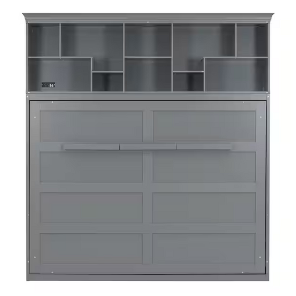 Gray Wood Frame Queen Murphy Bed With Top Shelves And USB