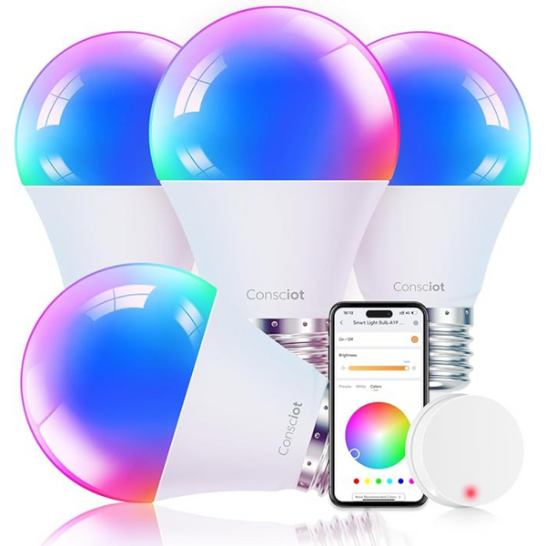 4-Pack Consciot A19 60W Wi-Fi 800-Lumen Full-Color Smart Light Bulbs