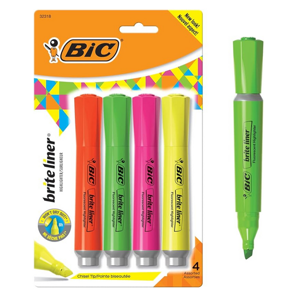 BIC Brite Liner Highlighters With Rubber Grip, Assorted (Pack Of 4)