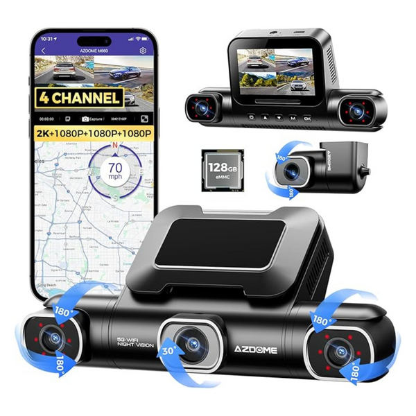 360 Deg. 4-Channel 2K & 3-1080P 5G WiFi Dash Cam W/ 4 Adjustable Lenses