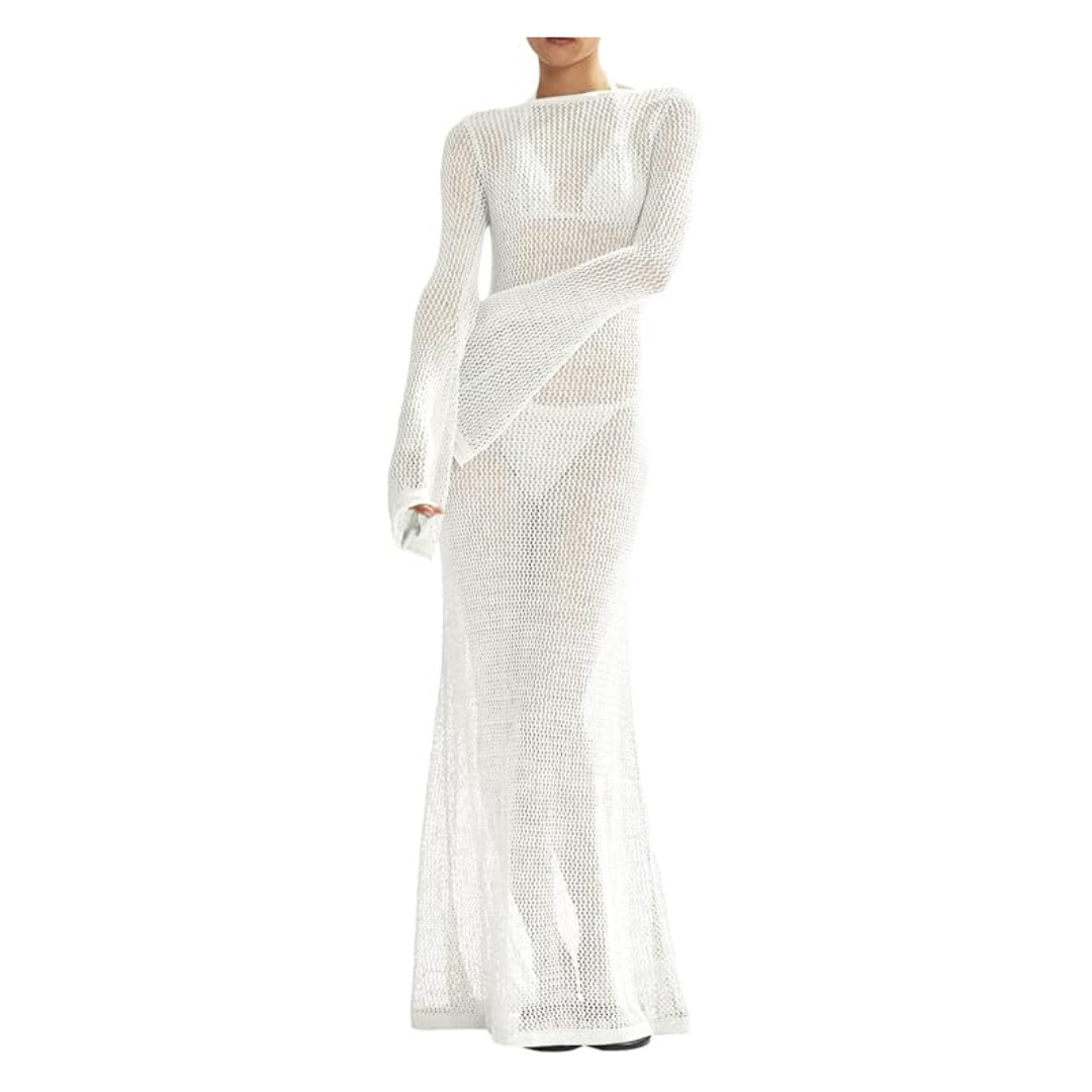 Saodimallsu Women's Crochet Cover Ups Long Sleeve Maxi Dress