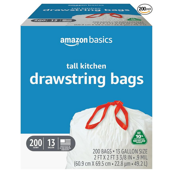 200-Count Amazon Basics 13-Gallon Tall Kitchen Drawstring Trash Bags