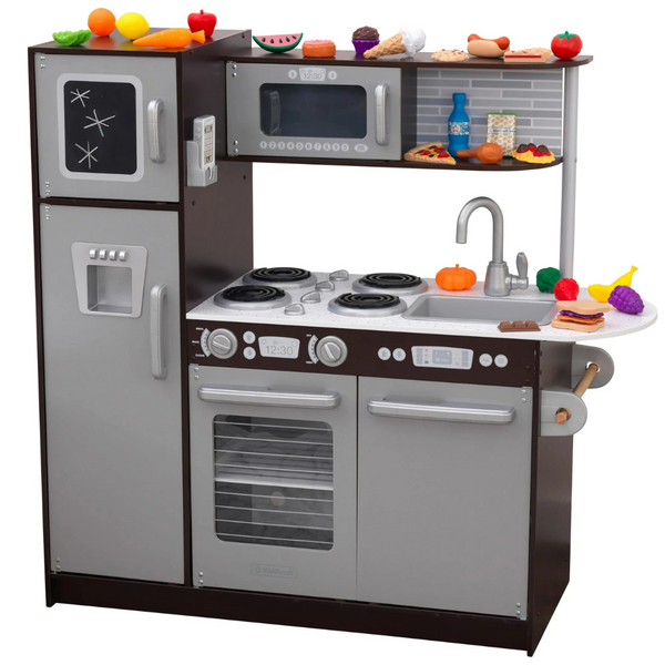 KidKraft Uptown Espresso Kitchen With 30 Piece Play Food Set