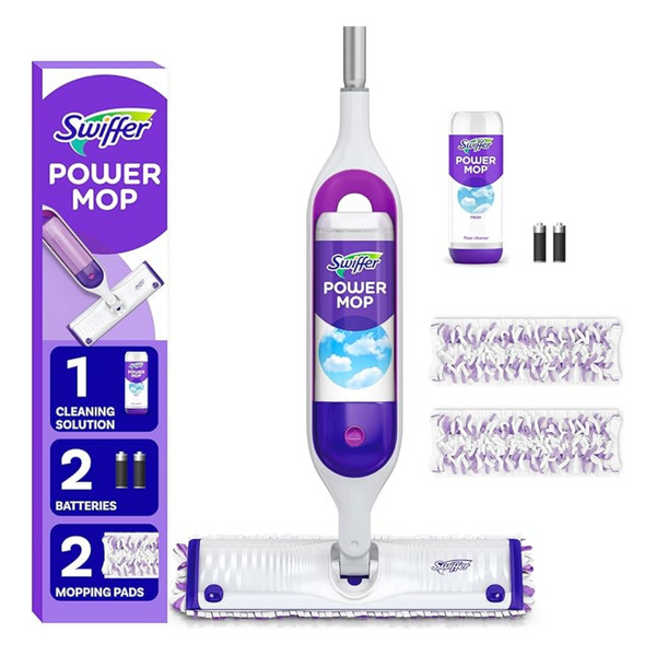 Swiffer PowerMop Multi-Surface Mop Kit, Includes PowerMop, 2 Mopping Pad Refills, 1 Cleaning Solution With Fresh Scent And 2 Batteries