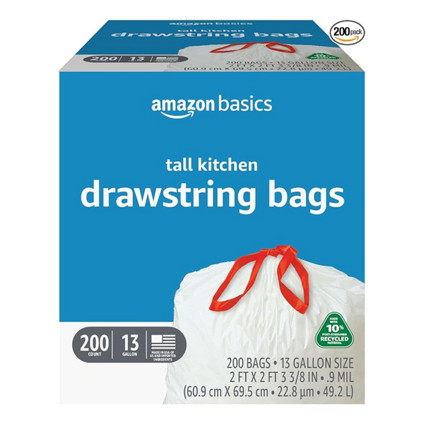 200-Count Amazon Basics 13-Gallon Tall Kitchen Drawstring Trash Bags