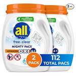 2 Tubs Of All Free Clear, Advanced OXI, MIGHTY PACS, Laundry Detergent Pacs (56 Count Each)
