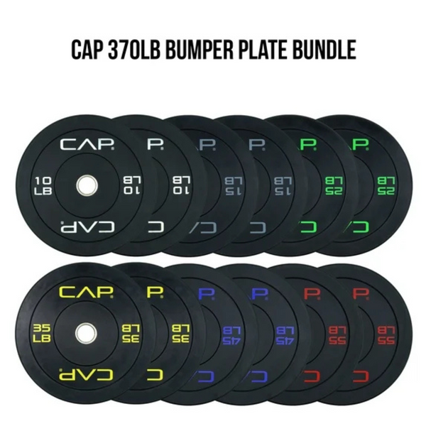 370lb CAP Barbell Olympic Bumper Plate Set (Black, Color-coded)