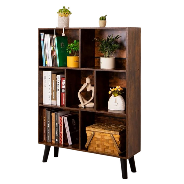 3-Tier Mid-Century Rustic Brown Modern 7-Cube Bookcase With Legs