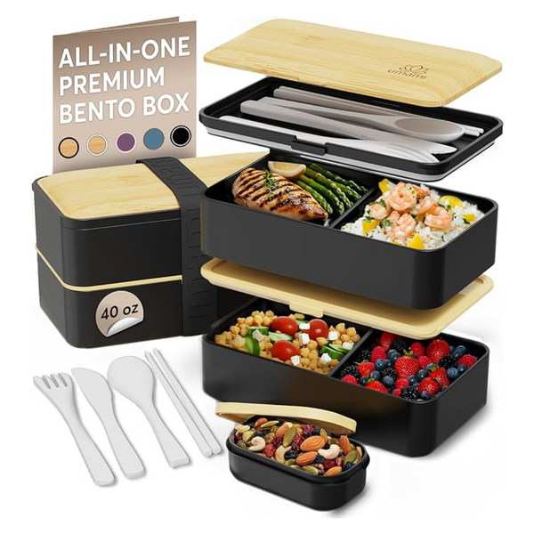 40oz Umami Stackable Lunch Bento Box W/ Utensils, Sauce Jars & Dividers