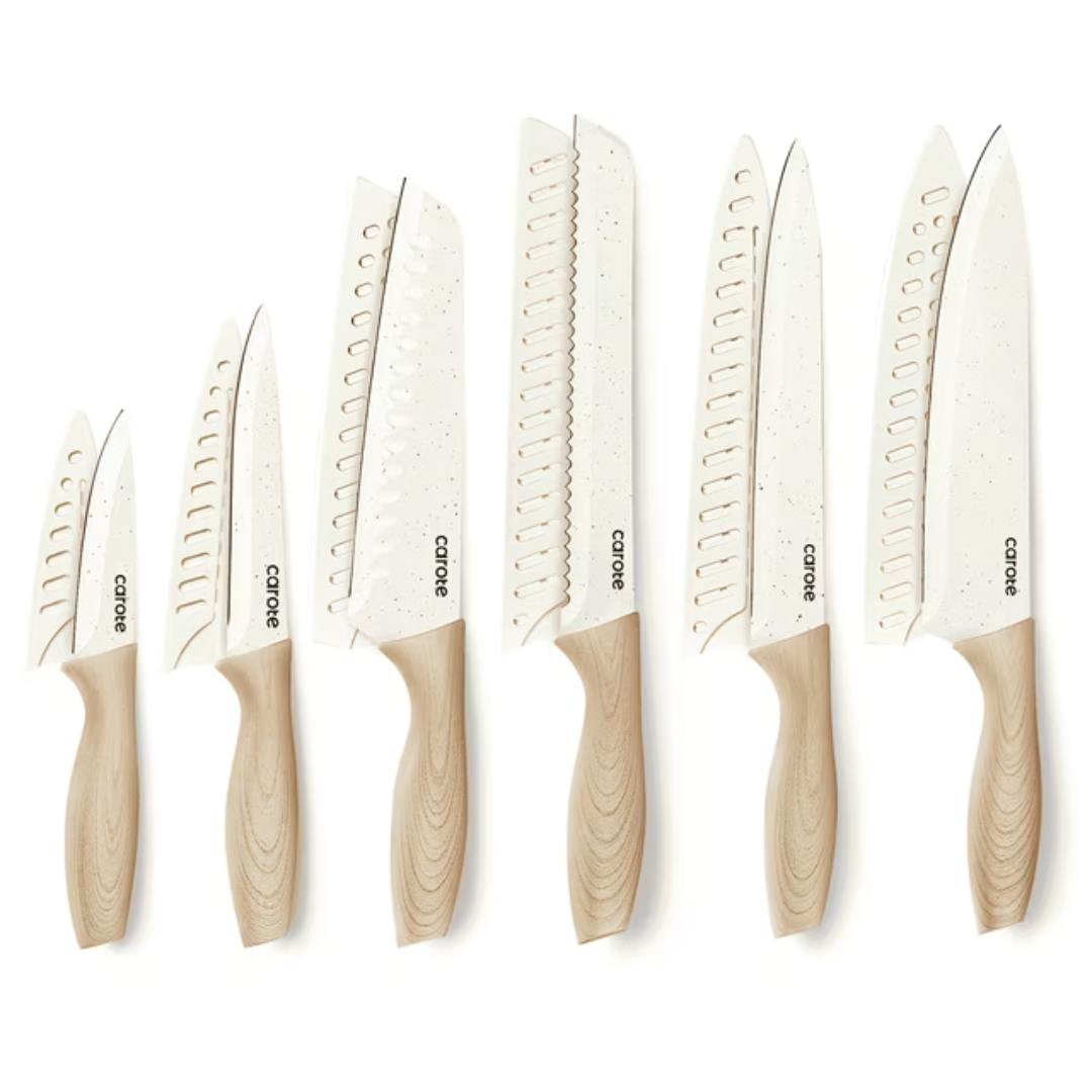 12-Piece Carote Stainless Steel Kitchen Knife Set With Blade Guards (Cream)