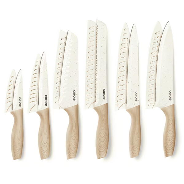 12-Piece Carote Stainless Steel Kitchen Knife Set With Blade Guards (Cream)