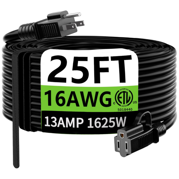 2-Pack 25ft 16AWG 3-Prong Heavy Duty Black Extension Cord
