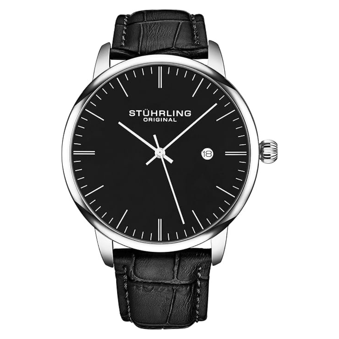 Men's Black Leather Strap Classic Minimalist Analog Wrist Watch
