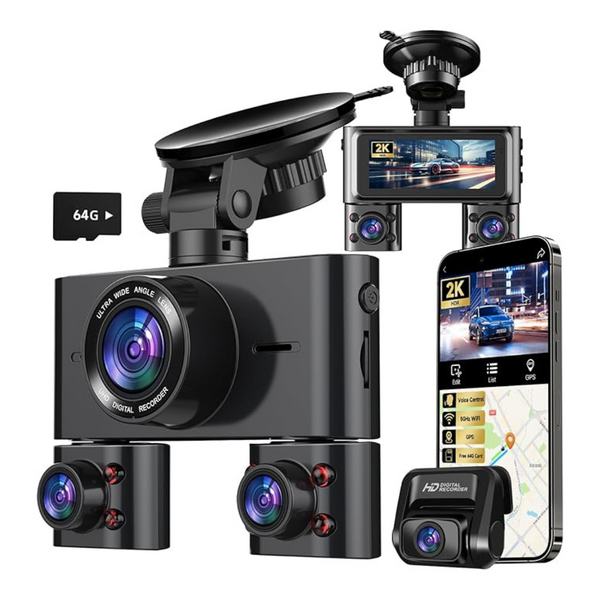 4-Channel 360 deg 4K/2K FHD Front & Rear Inside Dash Camera W/ 64GB Card