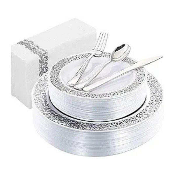 150-Piece WDF Silver Disposable Plastic Dinnerware Set (Serves 25)