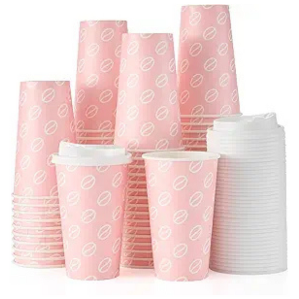 100-Pack 16oz Tamone Disposable Coffee Cups With Leak-Proof Lids (Pink)