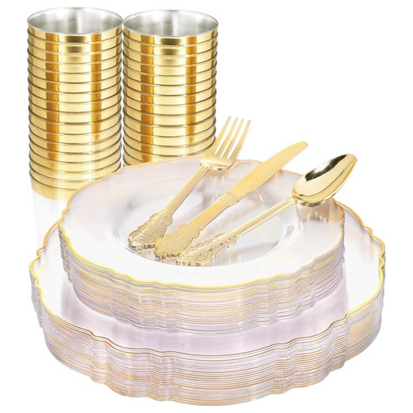 180-Piece WDF Clear & Gold Disposable Plastic Dinnerware Set for 30 Guests