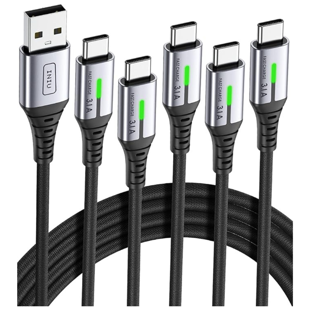 5-Pack Nylon Braided USB C Charging Cables (3.3+3.3+6.6+6.6+10ft)
