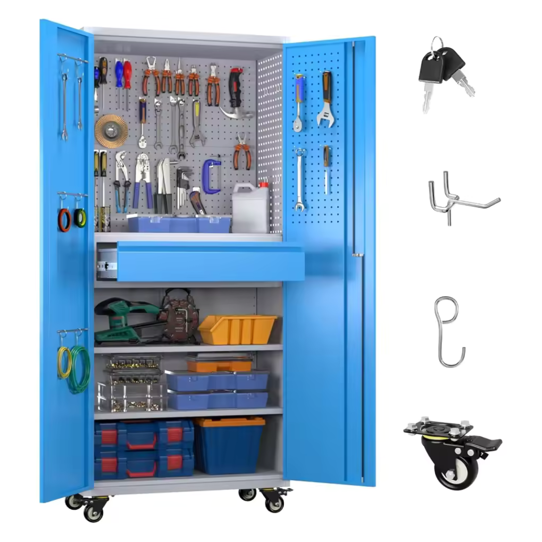 71" H Metal Storage Cabinet On Wheels With Pegboards & Drawer