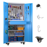 71" H Metal Storage Cabinet On Wheels With Pegboards & Drawer