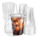100-Pack 16 Oz Plastic Iced Coffee Cups w/Lids and Straws