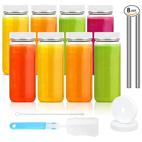 Set of 8 Luxfuel 16oz Reusable Glass Juice Bottles
