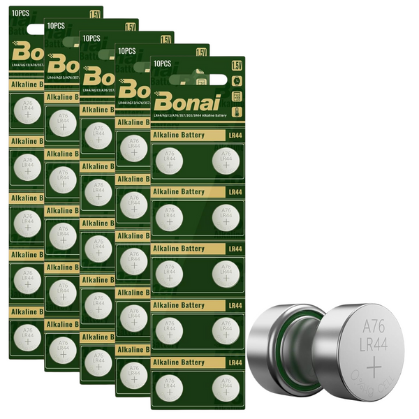 50-Pack BONAI LR44 AG13 1.5V Button Cell Batteries