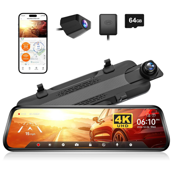 Wolfbox G930 4K 10" Rear View Mirror Dash Cam With 64GB Card