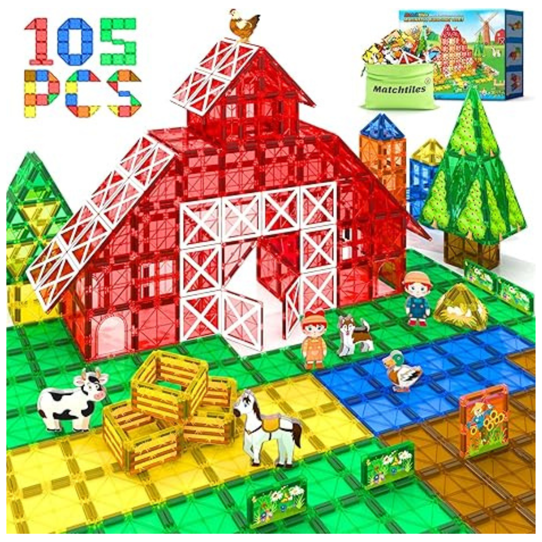 Matchtiles 105 Pcs Magnetic Tiles With Farm Animals